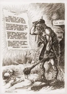 Peace Treaty Prints: World War 1 cartoon of a barbaric Prussian soldier looks towards a bright light emanating from a document which