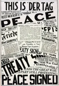 Graphic Design Prints: World War 1. The collage of Newspaper headlines and articles announcing the signing of the Versailles Peace Treaty