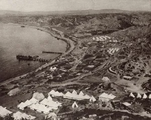 Camps Prints: World War 1. Crescent-shaped beach at Gallipoli with the British encampment on the southern tip of the Gallipoli
