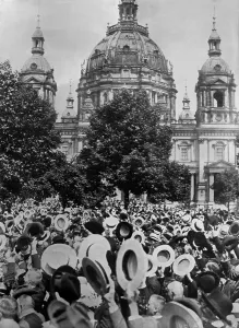 Nationalism Prints: World War 1. Crowd of Germans men cheering the declaration of World War I in front of the Berlin Cathedral