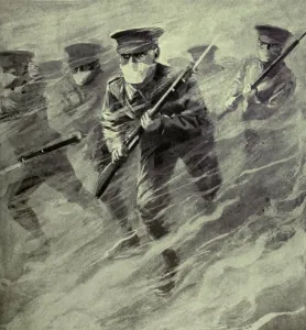 January Prints: World War 1. Dramatic illustration of a British bayonet charge through poison gas