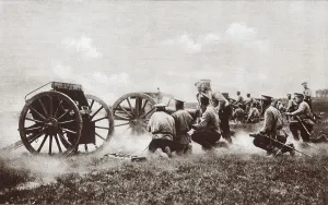 January Prints: World War 1. The fire of a Russian field battery directed by officers kneeling in the rear of their squads