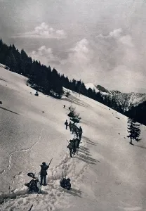January Prints: World War 1. French chasseurs plodding over the freshly fallen snow in the Vosges Mountains to take up a new position