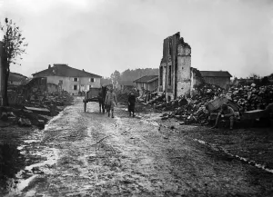 Anonymous Group Portraits Prints: World War 1. A French couple lead their horse and wagon through the ruins of the village of Albert