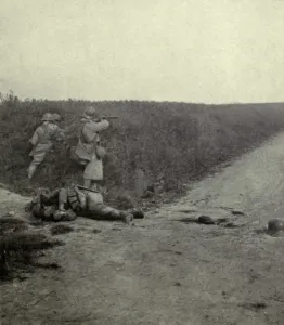 Anonymous Group Portraits Prints: World War 1. French soldier firing at the enemy through the wheat fields southeast of Amiens