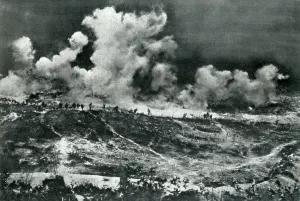 January Prints: World War 1. French soldiers advance closely behind a creeping barrage