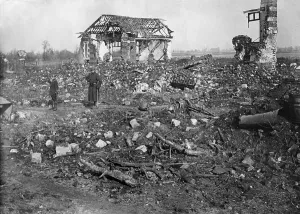 Rubble Prints: World War 1. French soldiers stand in ruins of a town in the Aisne Department in Northern France