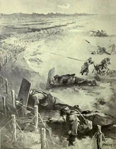 January Prints: World War 1. French troops using various tactics to overcome the enemy's barbed wire defenses