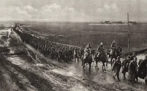 January Prints: World War 1. German army advancing on the Russian Steppes. Ca. 1915