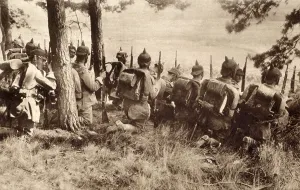 January Prints: World War 1. German infantry at the edge of a forest awaiting the command to attack
