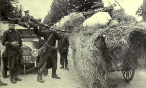 Belgium Prints: World War 1. German invasion troops searching for Belgian guerrilla fighters in Aarschot