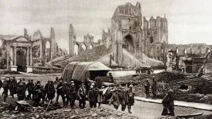 Belgium Prints: World War 1. German prisoners being marched through the ruins of city of Ypres after the Battle of Menin Road
