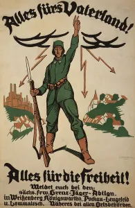 Recruitment Prints: World War 1. German recruiting poster showing a German soldier with rifle in one hand