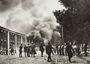 Photogravure Prints: World War 1. German soldiers carrying grain from the burning granary of Brest-Litovsk