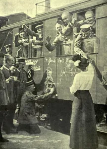 Excitement Prints: World War 1. German soldiers on a train bound for the Western Front in the first days of the war