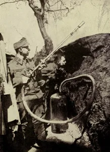 Hungary Prints: World War 1. Hungarians using an apparatus for projecting burning acids. Ca. 1916