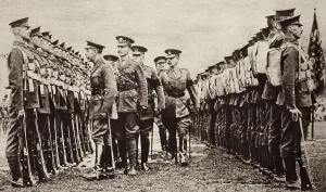 Recruitment Prints: World War 1. King George V inspects new recruits of the British Army who will soon be sent to the Western Front
