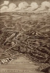 World War 1 map showing the point on the Carso Plateau reached by the Italian forces under General Cadorna in 1917
