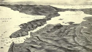 Istanbul Prints: World War 1. Map of the Turkish Straits of the Dardanelles with the British fleet at the far right