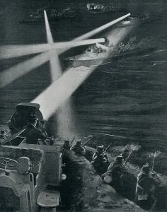 Belgium Prints: World War 1. Night attack by German Armed motor boats on a flooded section of Flanders