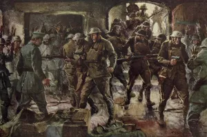 Pistols Prints: World War 1. Painting depicting British soldiers surprising German troops in their bunker