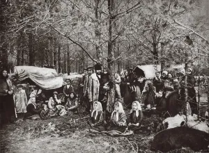 Poland Prints: World War 1. Polish refugees families camping in the woods after fleeing the invading Germans