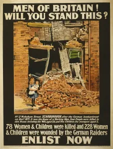 Explosives Prints: World War 1. Recruitment poster showing a little girl holding a baby outside a bomb-damaged building