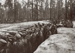 January Prints: World War 1. Russian forces in a trench on one of the thickly wooded plateaus in the foot hills of the Carpathians