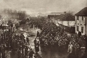 January Prints: World War 1. Russian soldiers captured by the Germans at Tannenberg passing through a border town on the way to