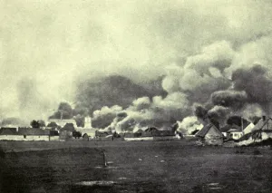 January Prints: World War 1. Russian village on the Eastern front burning