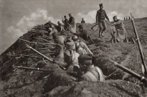 Southern Front Prints: World War 1. Serbia trench position at the crest of a hill. Ca. 1914-18