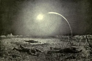 January Prints: World War 1. Both sides launched flares between the trenches at regular intervals to illuminate no man's land to