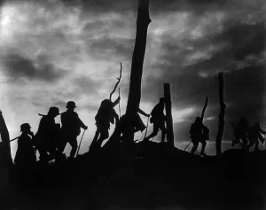 February Prints: World War 1. Silhouette of German soldiers against a bombed out battlefield