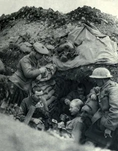 February Prints: World War 1. Somme Offensive. British soldiers eating their rations in a trench