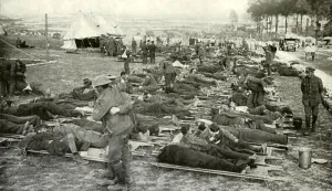 Battle Of The Somme Prints: World War 1. Somme Offensive. Rows of wounded men on stretchers
