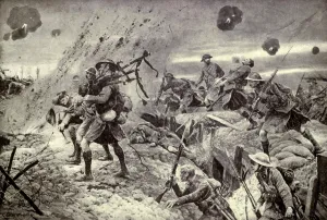 February Prints: World War 1. Somme Offensive. Scottish Highland regiment advancing under fire during the taking of Longueval