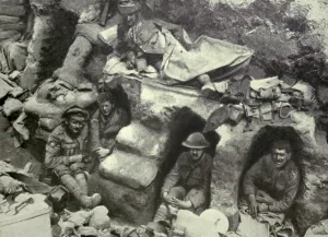 Battle Of The Somme Prints: World War 1. Somme Offensive. Soldiers of the Border Regiment resting in shallow dugouts near Thiepval Wood