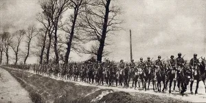 Belgium Prints: World War 1. Squadron of Belgian cavalry riding to join the final Allied Offensive to push the retreating Germans
