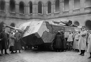 Mechanized Prints: World War 1 Tanks. Camouflaged French Saint-Chamond tank on display