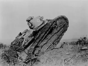 Mechanized Prints: World War 1 Tanks. French Renault FT tanks up-ended and stuck in a battlefield trench or shell crater