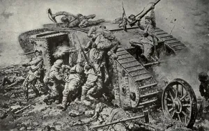 Drawings Prints: World War 1 Tanks. German soldiers attack on a British Tank