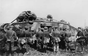 Mechanized Prints: World War 1 Tanks. German soldiers standing on and around a tank with an Iron Cross insignia