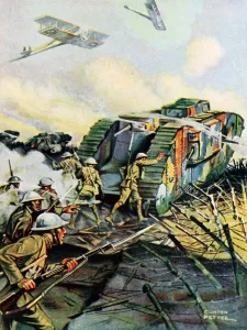 Mechanized Prints: World War 1 Tanks. Illustration of a British tank in battle