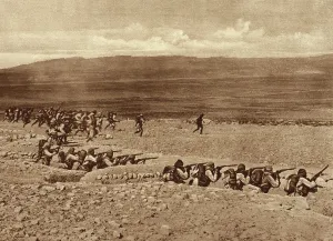 Attacks Prints: World War 1. Turkish troops leaving their trenches for a charge in a battle with French