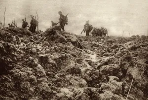 January Prints: World War 1. Western front battleground has been churned up by shell explosions so that it bears no resemblance to its