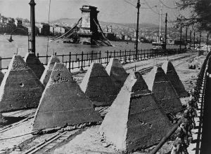 Lcgr1310 Prints: World War 2 anti-tank barriers along the river in Budapest