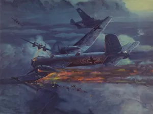 Air Force Prints: World War 2 German heavy bomber in flight with wing on fire