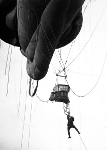 Ropes Prints: World War I aerial Naval observer coming down from a Blimp type balloon after U-Boat scouting somewhere on the U