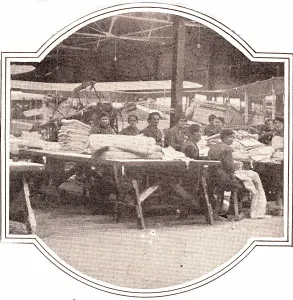 Halftone Prints: World War I, French women working at an airplane assembly plant sewing sleeves to cover the skeletons of rebuilt