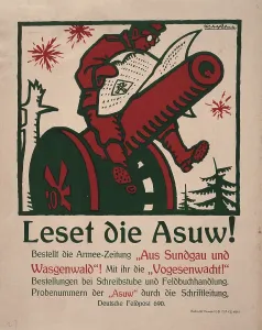 Images Dated 4th June 2008: World War I, German poster shows a smiling soldier reading a newspaper while sitting on top of a cannon